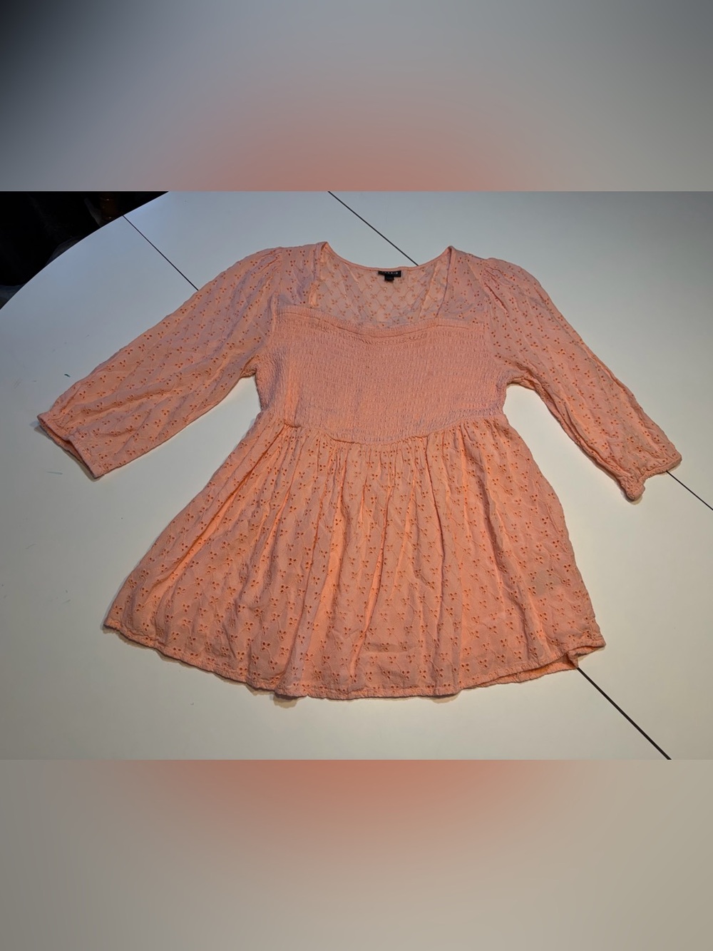 Torrid size 0 peach smocked babydoll top voile eyelet fabric with 3/4 sleeves
